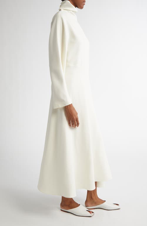 Shop Alaïa Fluid Long Sleeve Silk & Wool Cady Asymmetric Dress In Blanc