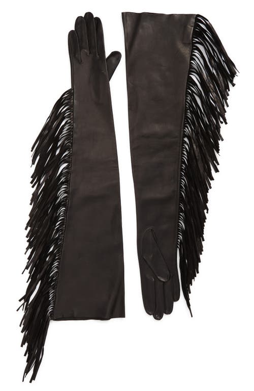 Runway Fringed Long Leather Gloves in Black