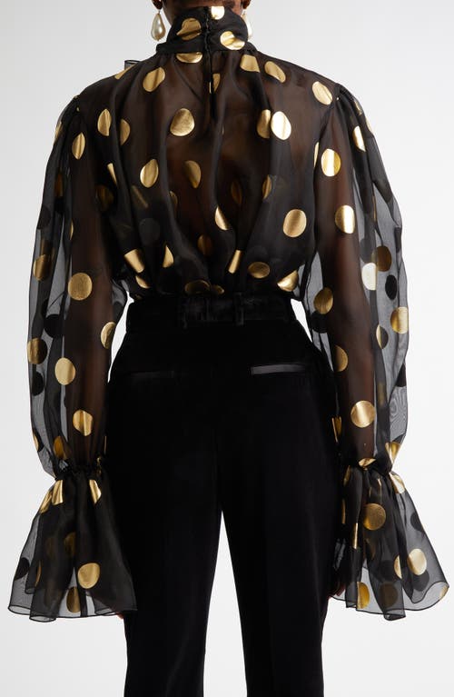 Shop Dolce & Gabbana Dolce&gabbana Polka Dot Bow Bell Sleeve Sheer Silk Top In Hnlm0 Oro Nero