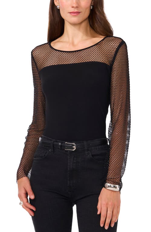 Shop Vince Camuto Rhinestone Fishnet Long Sleeve Top In Rich Black