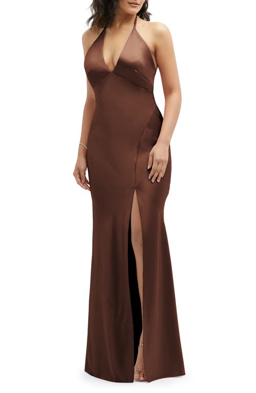 Plunge Neck Charmeuse Halter Gown in Cognac