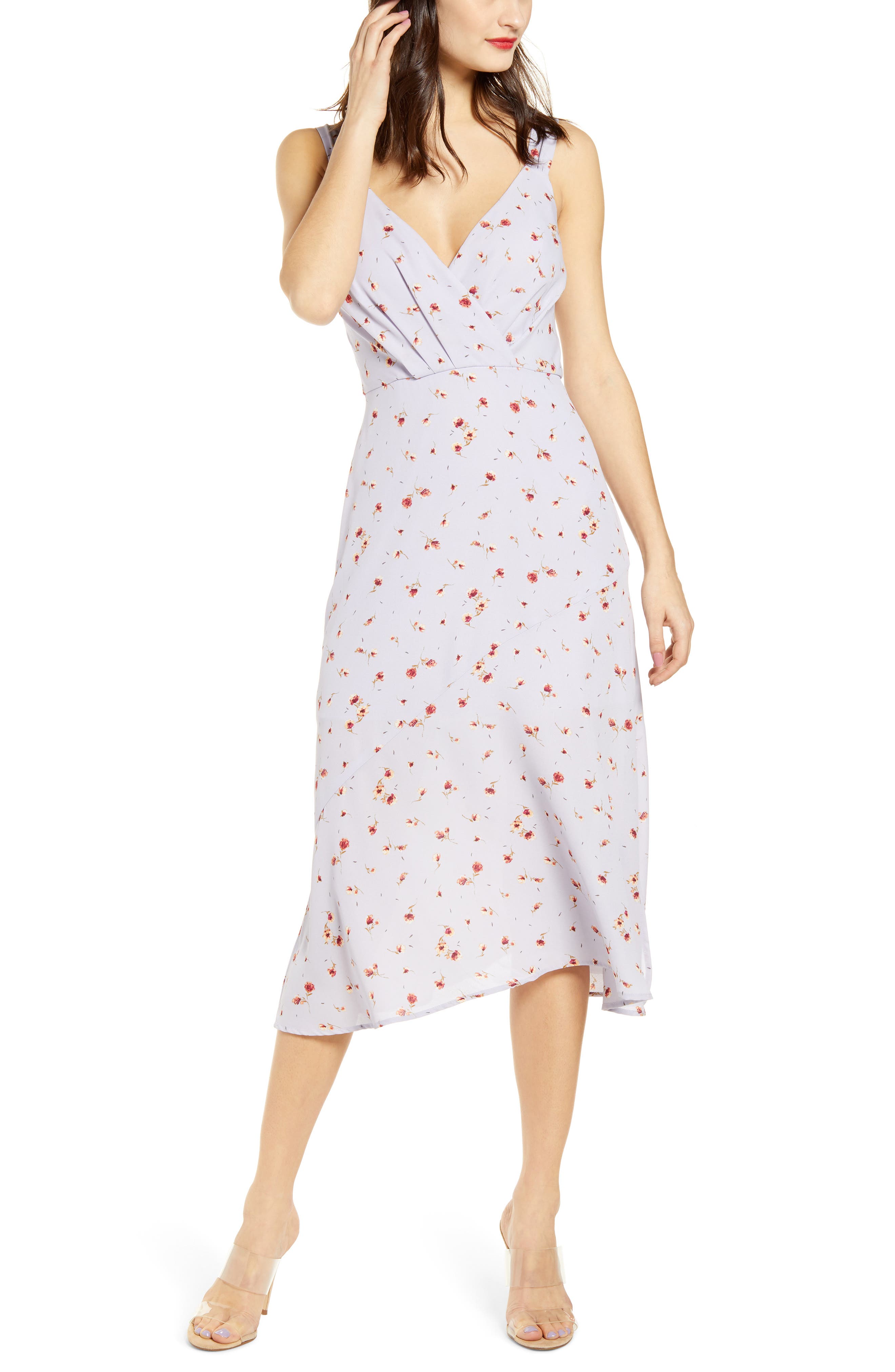 Row A Surplice Neck Bias Cut Floral Print Midi Dress, Purple