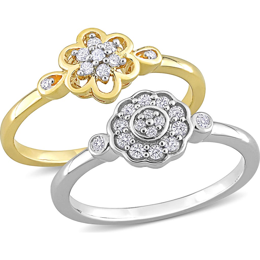 Delmar Set Of 2 Sterling Silver Diamond Flower Rings In Gold/silver