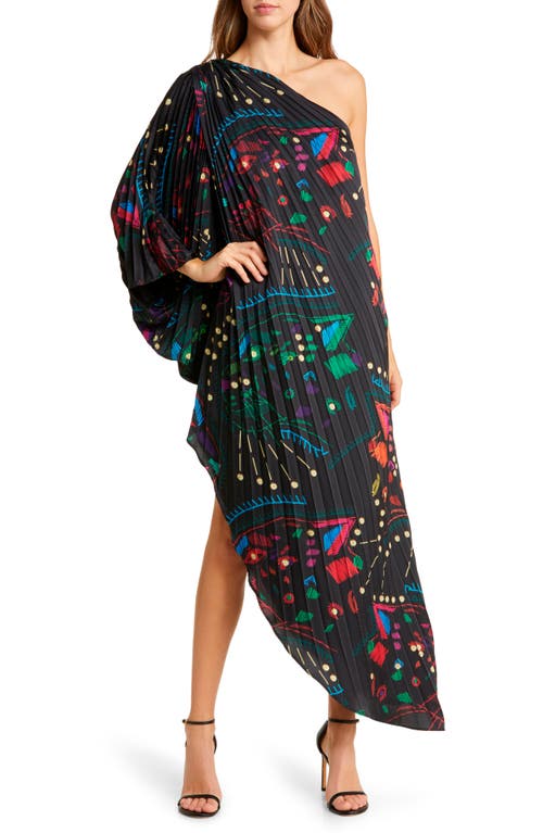 Pleated Asymmetric Dress in Multicolor Jaguars