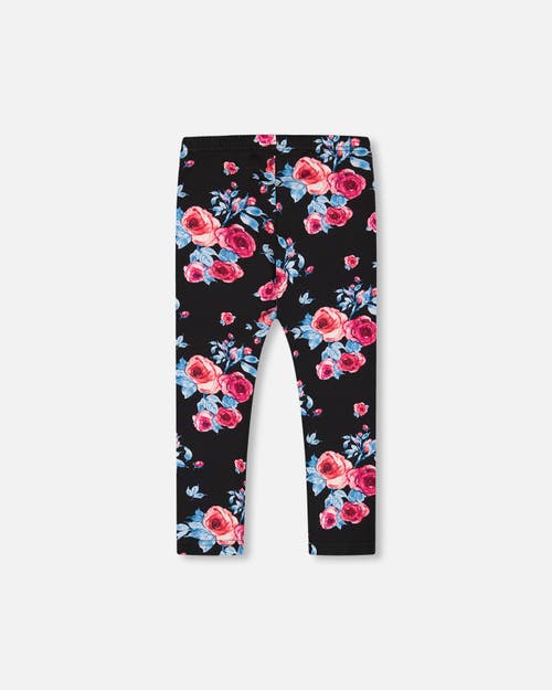 Shop Deux Par Deux Little Girl's Printed Leggings Black With Roses In Printed Roses