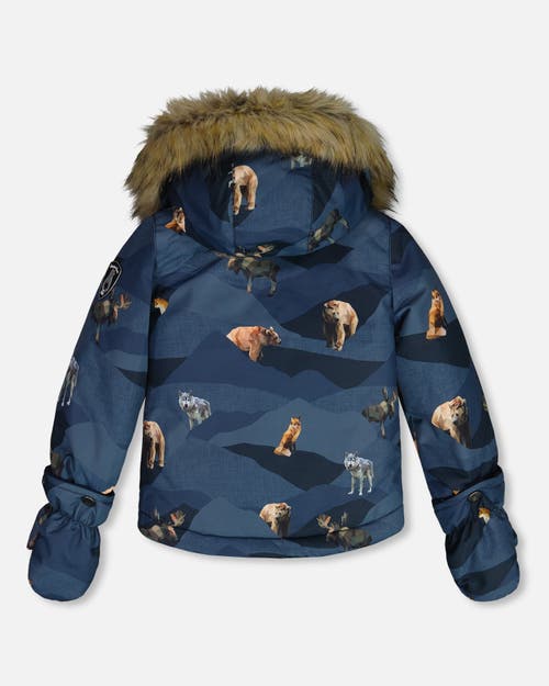 Shop Deux Par Deux Baby Boy's Two Piece Baby Snowsuit Ochre And Navy Printed Mountains Animals In Golden Oak