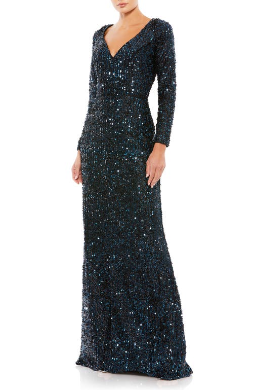 Mac Duggal Long Sleeve Sequined Gown In Midnight In Midnight