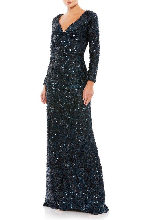 Mac Duggal Long Sleeve Sequined Gown in Midnight 