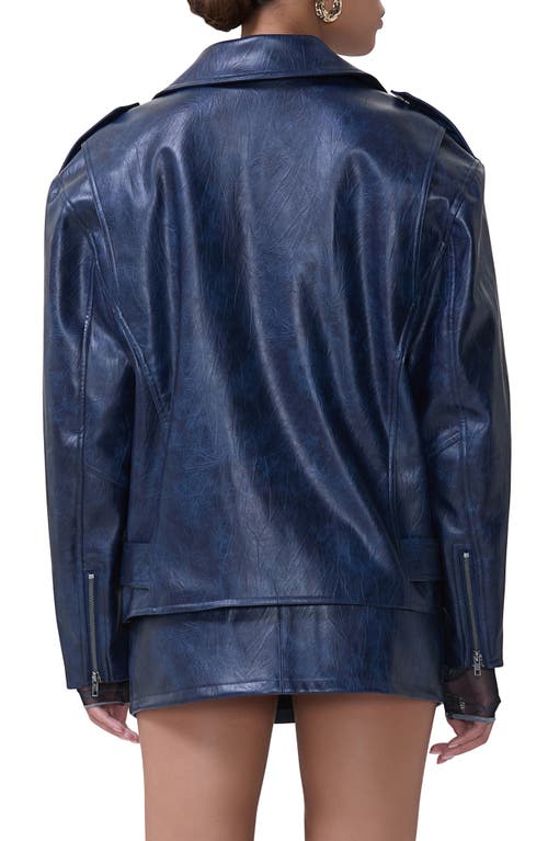 Shop Afrm Blaise Oversize Faux Leather Moto Jacket In Navy Distressed Pu