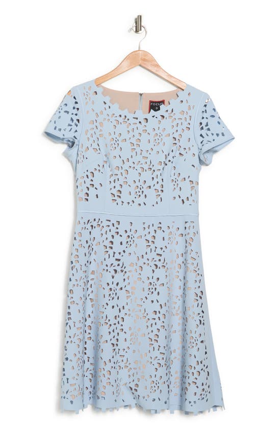Focus By Shani Laser Cutout Short Sleeve Dress In Pale Blue/ Nude