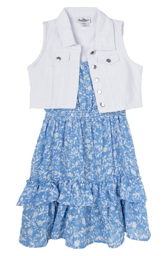 Rare Editions Kids' Tiered Floral Dress & Denim Vest Set In Blue
