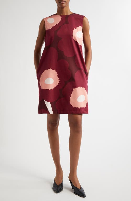 Marimekko Siluetti Unikko Sleeveless Satin Cotton Dress in Wine Red Rose Beige 