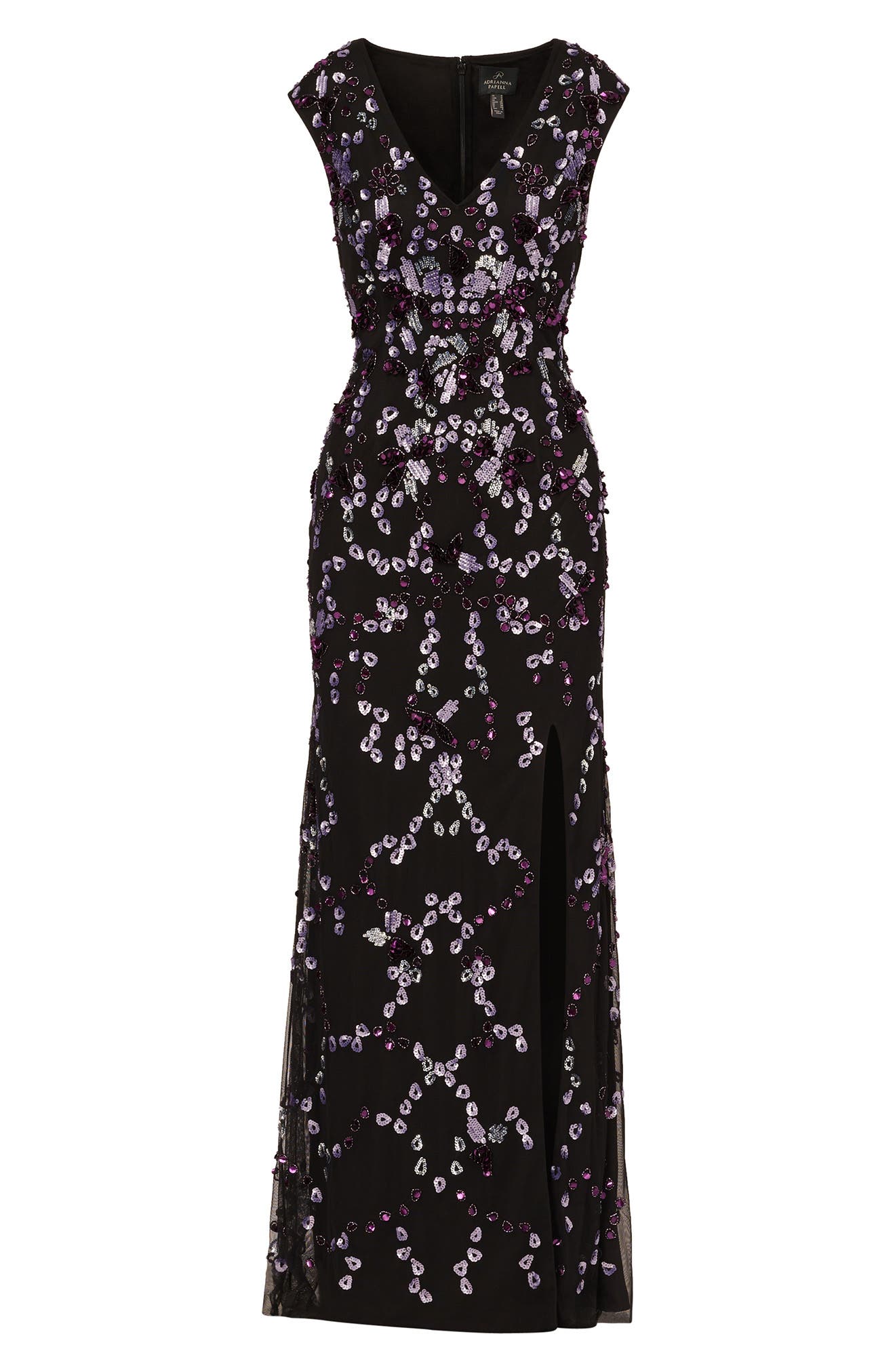 Adrianna Papell Beaded Sleeveless V Neck Gown in Black Purple