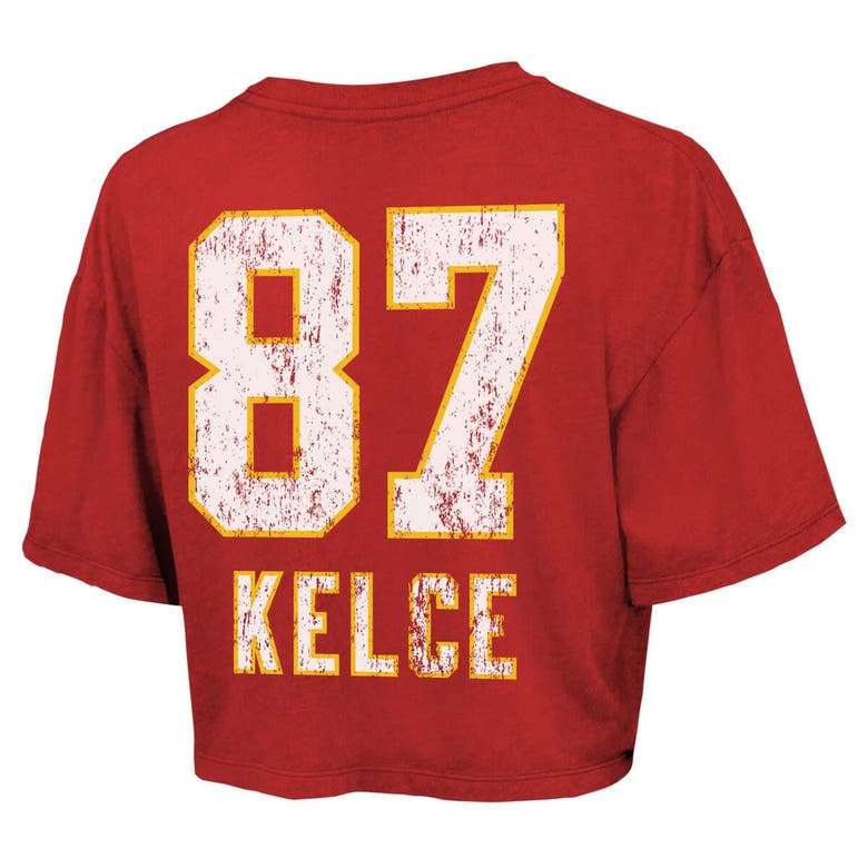 Shop Majestic Threads Travis Kelce Red Kansas City Chiefs Super Bowl Lviii Champions Boxy Cropped T-shirt