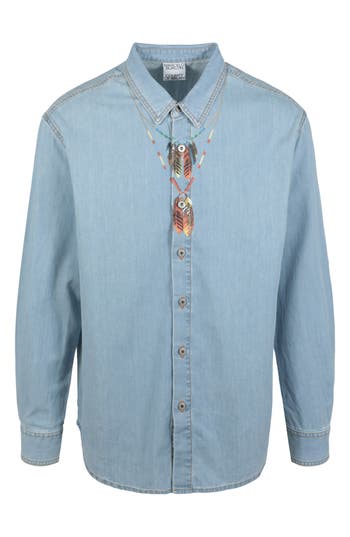 Shop Marcelo Burlon County Of Milan Marcelo Burlon Feather Necklace Cotton Denim Button-up Shirt In Blue