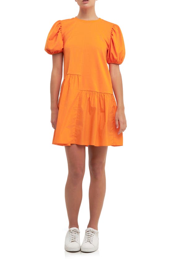 English Factory Puff Shoulder Mixed Media Minidress In Orange