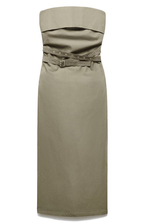 Shop Mango Belted Strapless Dress In Khaki Green