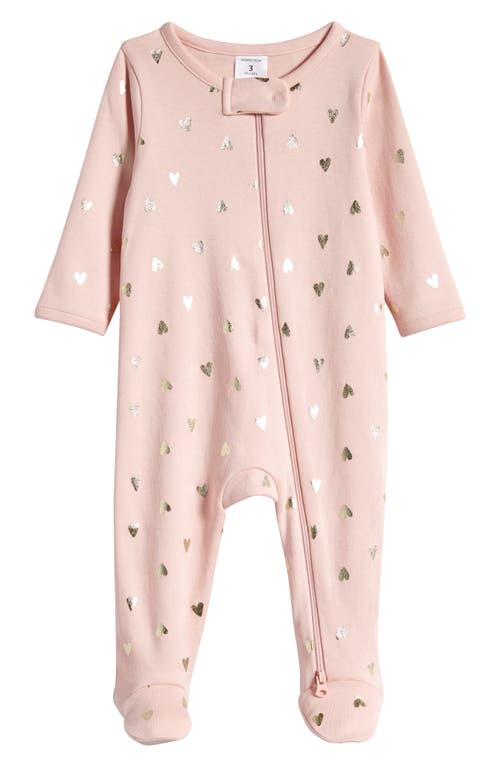 Shop Nordstrom Print Cotton Footie In Pink Lotus- Metallic Hearts