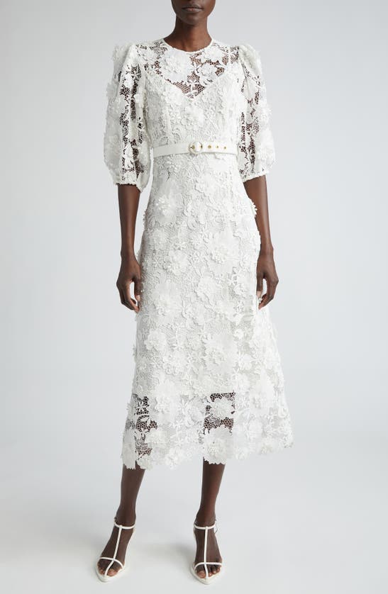 Zimmermann Halliday Floral Belted Lace Midi Dress In Ivory
