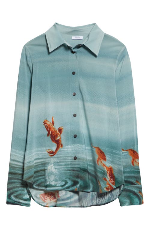 Shop Ferragamo Fish Print Silk Blend Button-up Shirt In Laguna