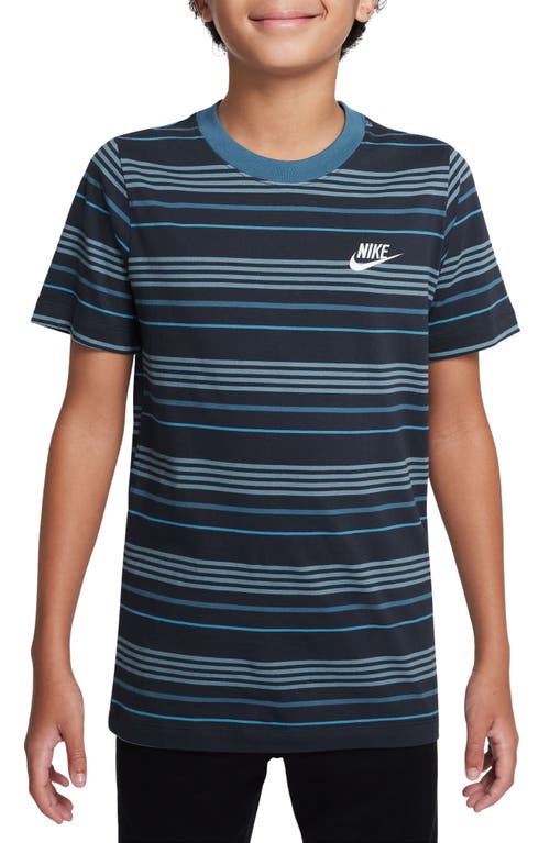 Shop Nike Kids' Sportswear Stripe Cotton Logo T-shirt In Obsidian/industrial Blue