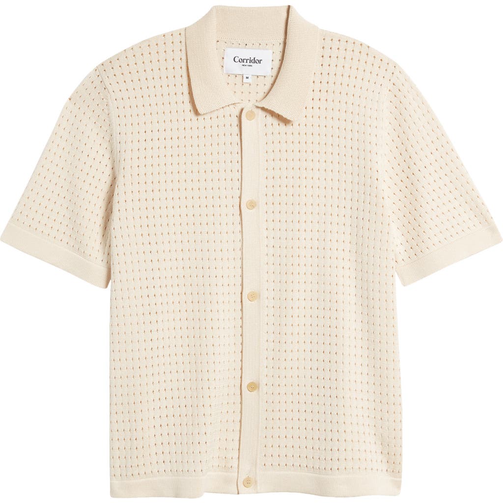 Shop Corridor Pointelle Stitch Short Sleeve Cotton Knit Button-up Shirt In Natural