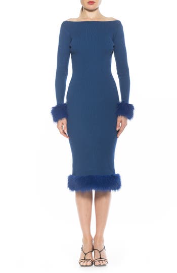 Alexia Admor Selena Faux Fur Trim Body-con Sweater Dress In Navy