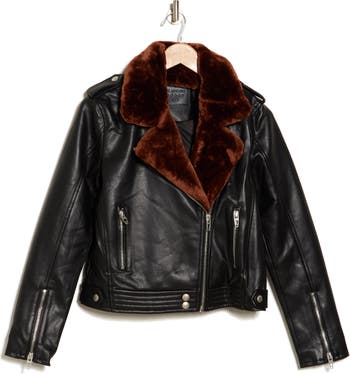 BLANKNYC Faux Fur Collar Faux Leather Crop Moto Jacket | Nordstromrack