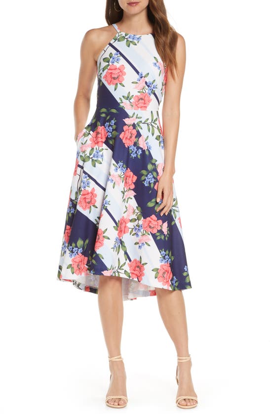 Vince Camuto Floral Halter Neck A-line Dress In Blue Multi