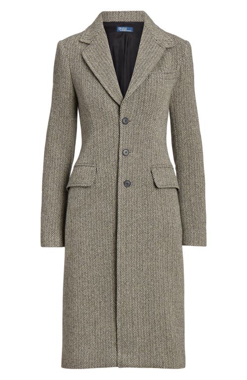 Polo Ralph Lauren Herringbone Single Breasted Suede Trim Wool Blend Coat In Black/cream Herringbone
