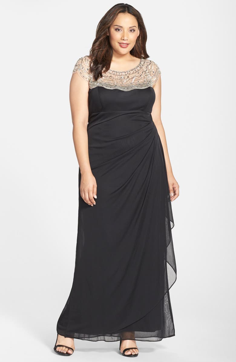 Xscape Embellished Illusion Yoke Ruched Matte Jersey Gown (Plus Size ...