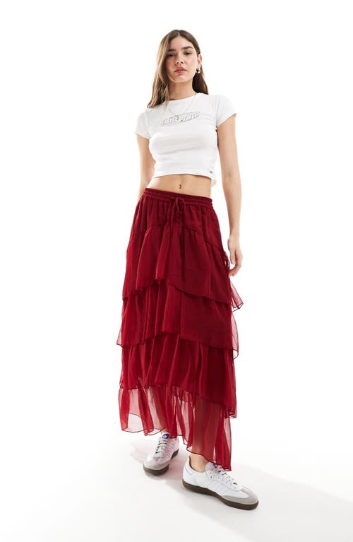 Shop Miss Selfridge Tiered Chiffon Maxi Skirt In Burgundy