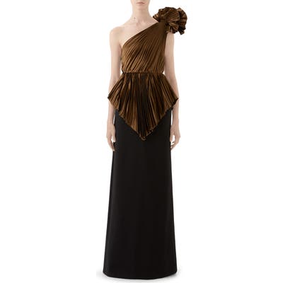 Gucci Plisse One-Shoulder Gown, Brown