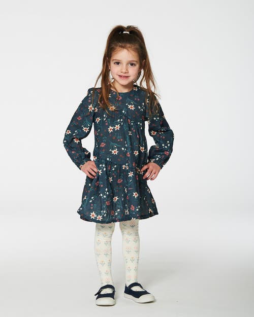 Shop Deux Par Deux Baby Girl's Long Sleeve Muslin Dress Teal Printed Flowers In Printed Edelweiss