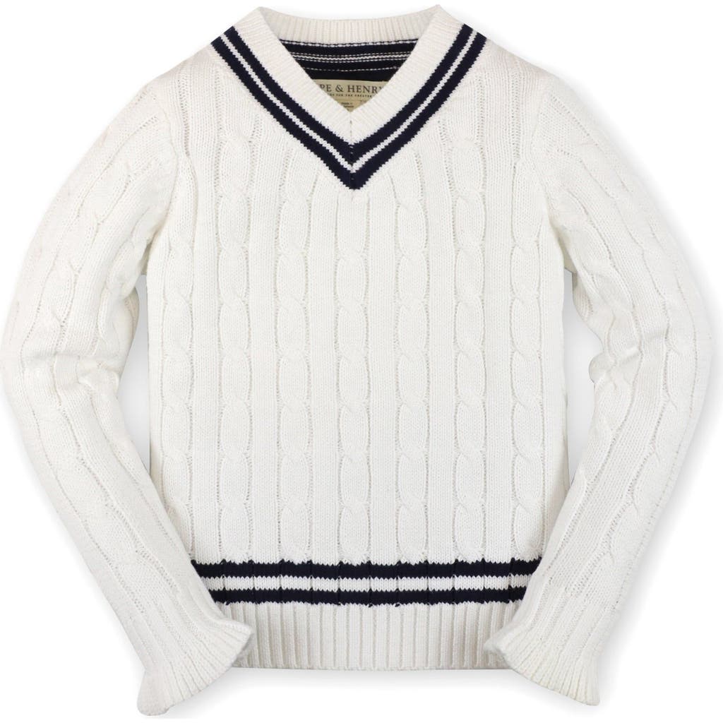 Hope & Henry Baby Girls' Ruffle Cuff Cricket Sweater, Infant In Soft White Cable With Navy