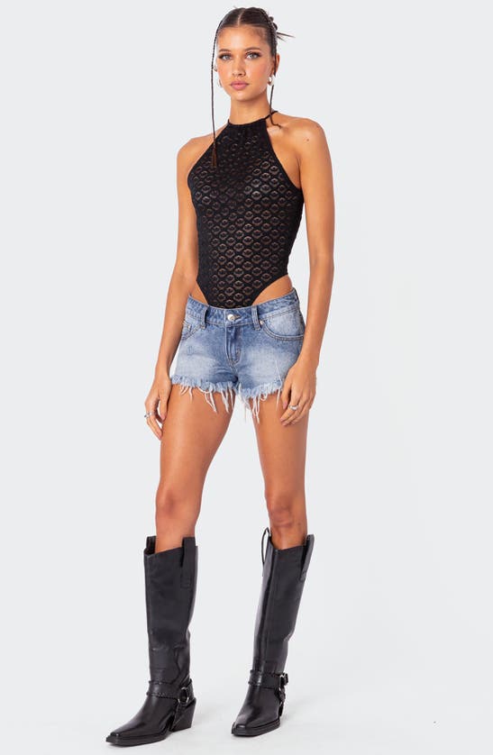 Edikted Erika Low Rise Frayed Denim Shorts In Blue
