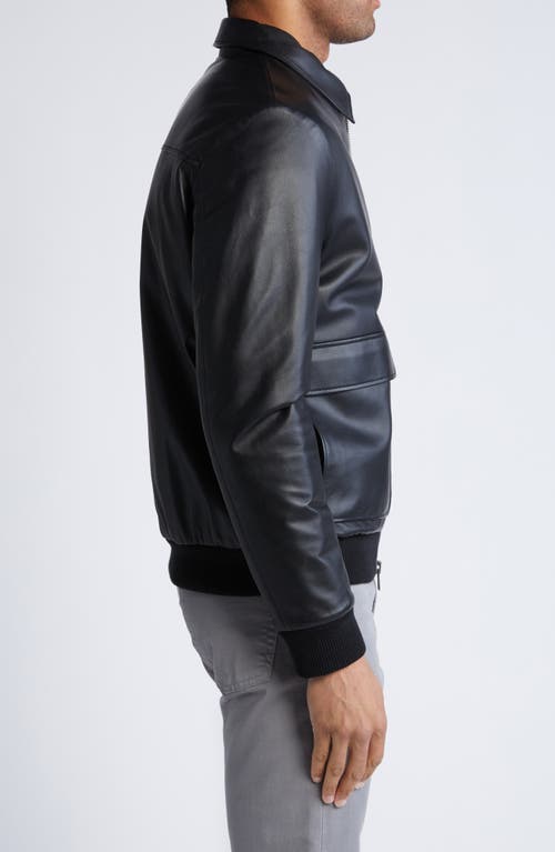 Bugatchi Zip Front Leather Bomber Jacket In Black