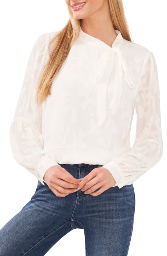 Cece Floral Tie Neck Blouse In New Ivory