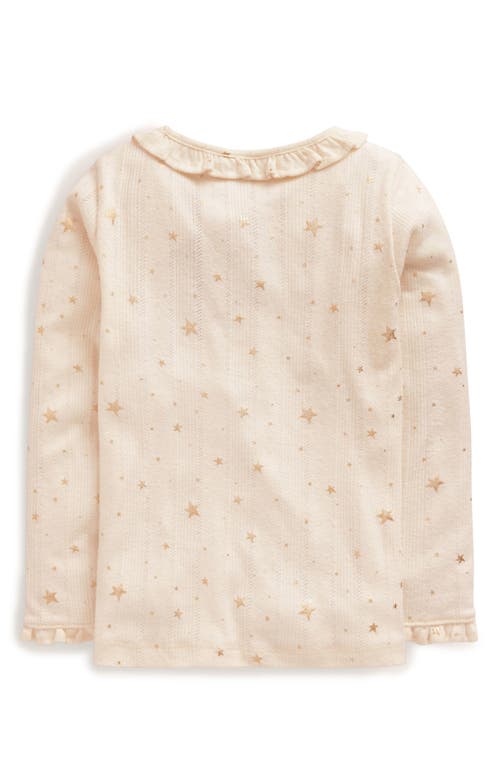 Shop Mini Boden Kids' Foil Star Pointelle Ruffle Neck Top In Vanilla White Gold Foil Star