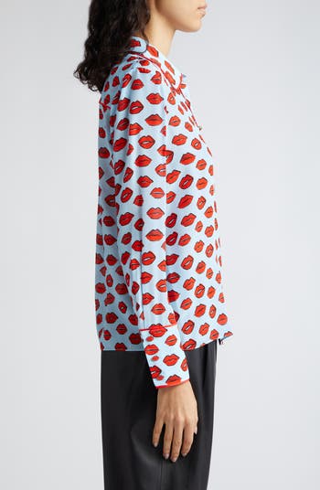 Alice + Olivia Willa Lip Print Piped Silk Shirt | Nordstromrack