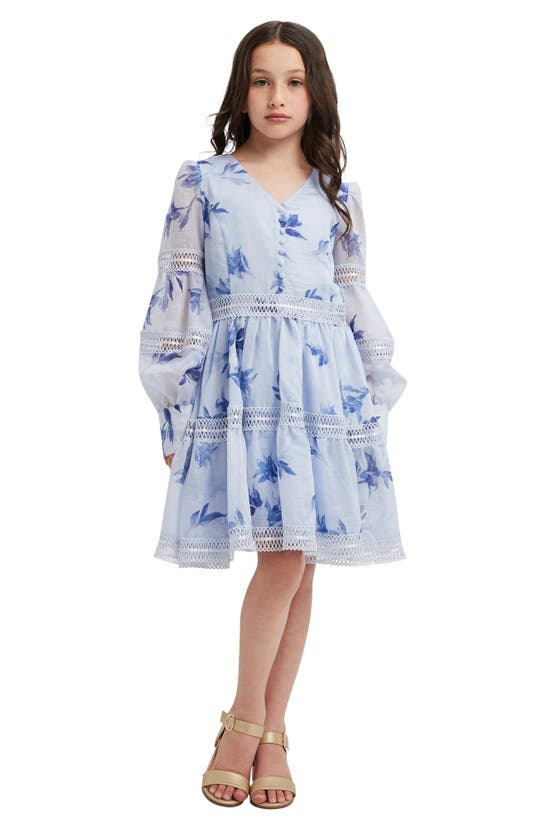 Shop Bardot Junior Kids' Venice Floral Long Sleeve Fit & Flare Dress In Water Floral