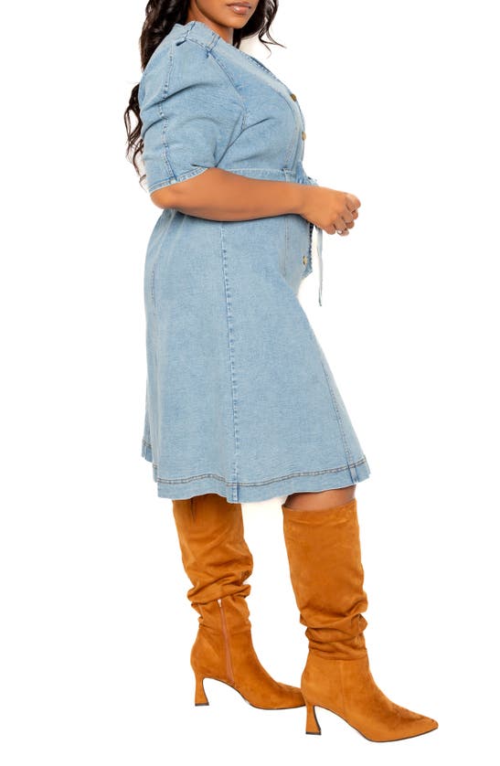 Buxom Couture Puff Sleeve Tie Belt Denim Shirtdress In Denim Blue