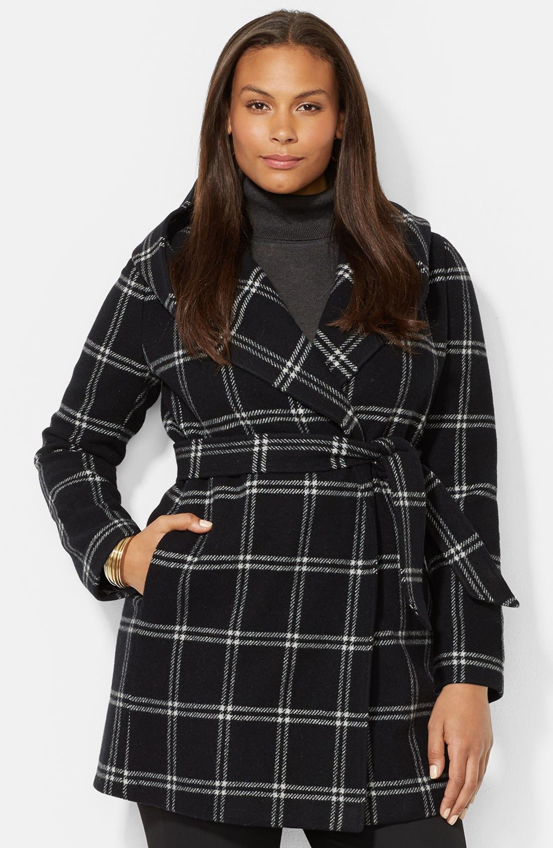 Lauren Ralph Lauren Windowpane Plaid Hooded Wrap Coat (Plus Size
