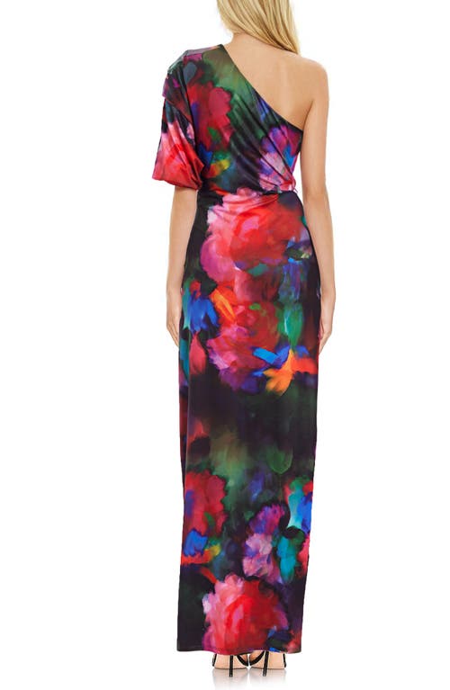 Jewel Badgley Mischka Floral One-shoulder Knit Sheath Gown In Red Multi