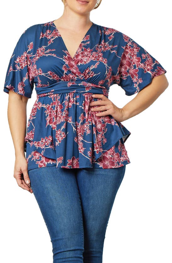 Kiyonna Encore Print Faux Wrap Top In Evening Cherry Blossoms