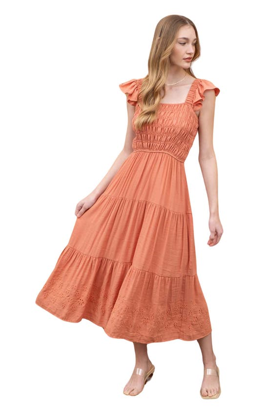 Shop Blu Pepper Eyelet Flutter Sleeve Midi Dress In Dusty Orange