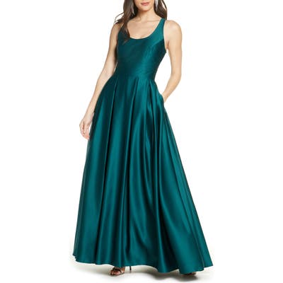 Morgan & Co. Back Cutout Satin Ballgown, Green