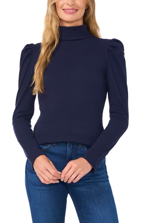 Cece Gathered Sleeve Turtleneck Top In Classic Navy Blue