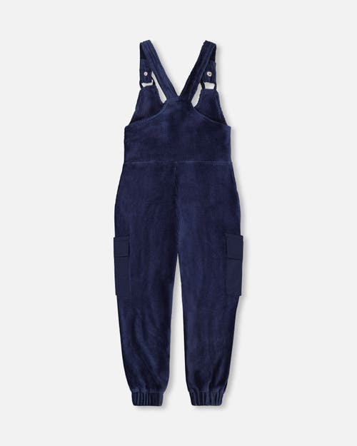 Shop Deux Par Deux Girl's Velvet Stretch Cargo Overalls Navy In Peacoat