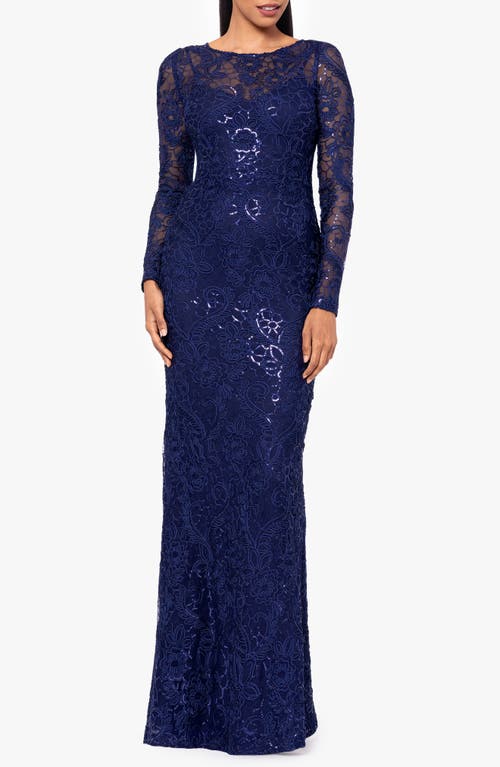 Betsy & Adam Women's Sequined Lace Long-sleeve Gown In Navy